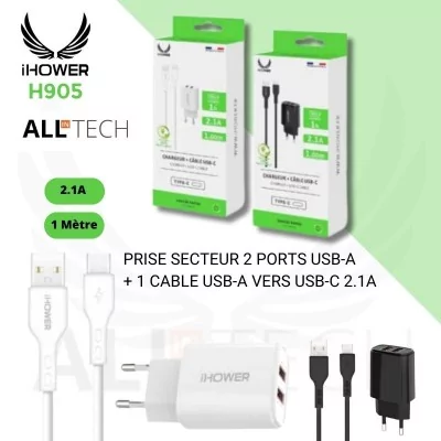 Chargeur secteur 2 Ports USB-A + 1 cable USB-A vers USB-C - 2.1A - IHOWER H905 - allintech - NOIR et BLANC - BLISTER