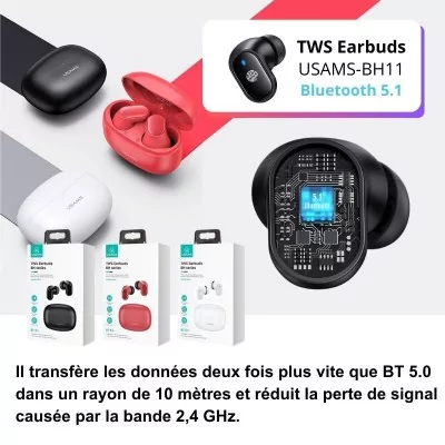 TWS Écouteurs Sans Fil Bluetooth 5.1 USAMS BH11 - allintech.fr - noir (EAN: 6958444900940) et blanc (EAN: 6958444900957)