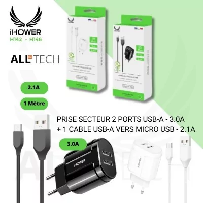 Chargeur secteur - 2 Ports USB-A 3.0A + 1 cable USB-vers MICRO-USB 2.1A - IHOWER