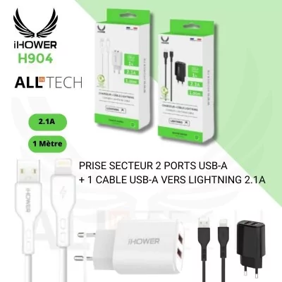 Chargeur secteur 2 Ports USB-A + 1 cable USB-A vers Lightning - 2.1A - IHOWER H904 - allintech