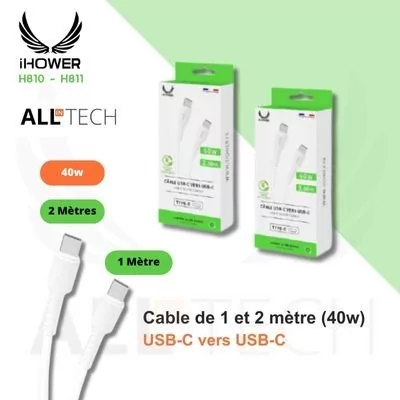 Câble IHOWER 40w - USB-C vers USB-C - IHOWER H810 - H811 - blanc et noir