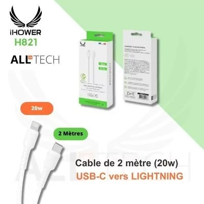 Câble IHOWER 20w - USB-C vers LIGHTNING - IHOWER H821 - blanc 2 metres