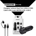 Chargeur voiture Dual Port USB-A (15W) + Cable USB-A vers MICRO-USB +USB-C - SAMSUNG EP-L1100 NOIR - allintech.fr