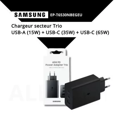 Chargeur secteur Trio USB-A (15W) + USB-C (35W) + USB-C (65W) - SAMSUNG EP-T6530- noir- blister - allintech.fr