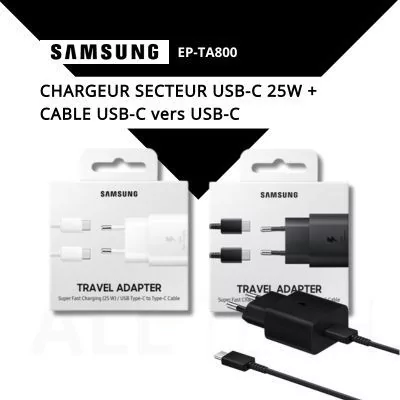 Chargeur secteur 25W + 1 cable USB-C vers USB-C - SAMSUNG EP-TA800 - noir et blanc