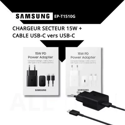 Chargeur secteur 15W + 1 cable USB-C vers USB-C - SAMSUNG EP-T1510G - noir et blanc allintech.fr